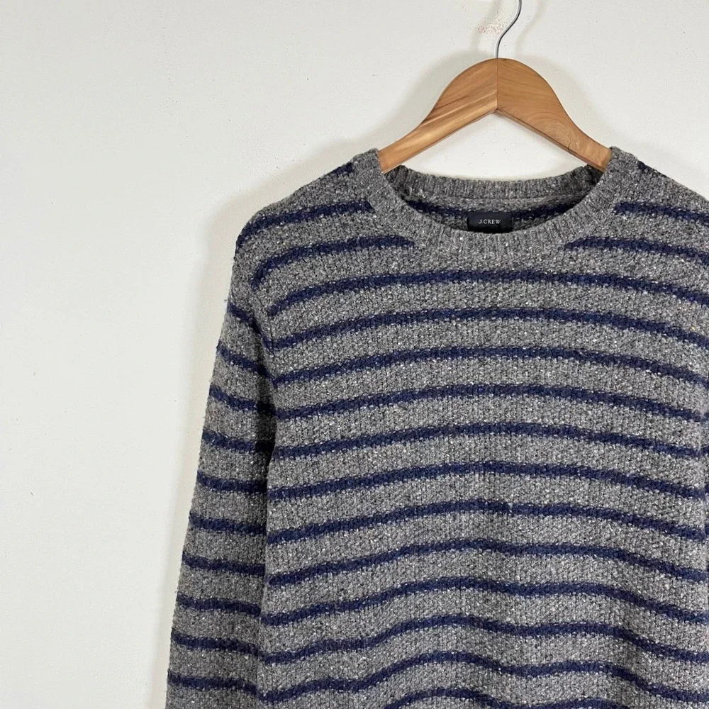 J. Crew Striped Knit Crewneck Wool Blend Donegal Sweater Navy Gray Mens Small